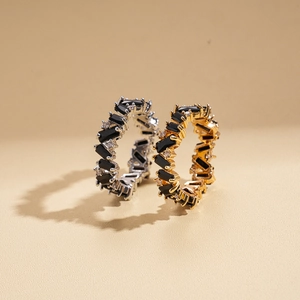 Minimalist gold and silver geometric rings with rectangular black zircons in high quality