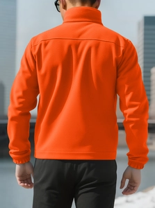 Back view of a men's bright orange polar fleece jacket with stand collar and elastic cuffs