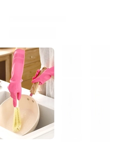 Pink latex cleaning gloves with non-slip texture and long cuff for dishwashing chores