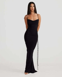 Detail showing elegant ruched bust and long drawstring on a black backless maxi dress