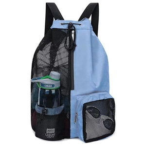 Blue and black mesh drawstring swim bag with front zipper and water bottle pocket