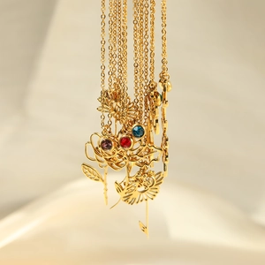 18k gold plated stainless steel necklace with floral pendants and colorful birthstones