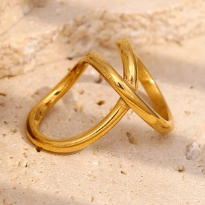 Minimalist double-layer 18K gold plated stainless steel ring on a stone pedestal