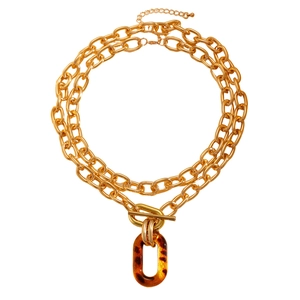 Double-layer chunky gold chain necklace with leopard print pendant and OT toggle clasp