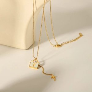 Exquisite 18K gold-plated stainless steel bead chain necklace with cross and lock pendant