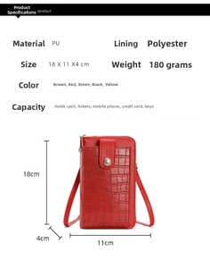 Detail specifications of red crocodile pattern PU leather crossbody phone bag with size 18x11x4cm