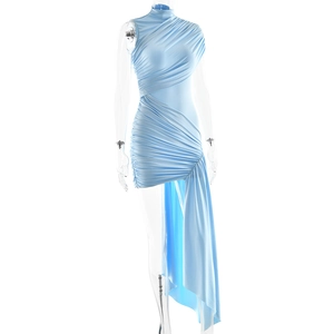 Detail of light blue asymmetrical dress featuring side drape and ruched fabric texture