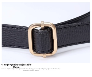 Macro detail of adjustable golden metal buckle on black crossgrain leather shoulder strap