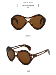 Detail view of leopard print oversized sunglasses with brown lenses from front and side