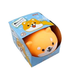 Cute Shiba Inu squishy stress relief toy with blue display box packaging for decompression