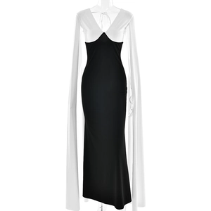 Elegant black and white long dress with V-neckline and stylish cape sleeves for women