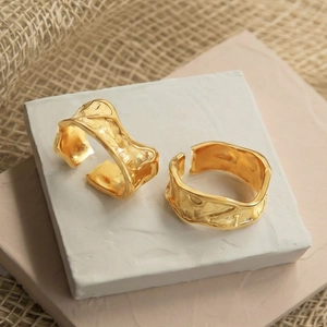 Textured 18k gold plated stainless steel irregular crumpled open ring for women