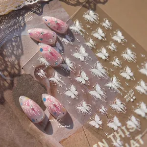 White Butterfly Nail Art Stickers Embossed Relief Thin Adhesive Decals DIY Manicure Elegant Decor For Women