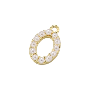Macro detail of 18K gold plated letter O pendant featuring white faux pearls on white base