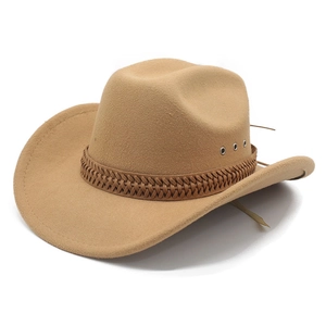 British style khaki wool felt cowboy hat with wide curved brim and leather braided band
