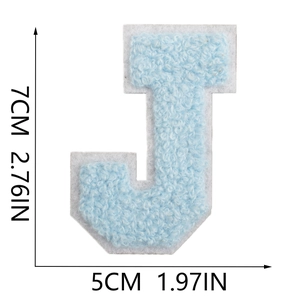 Detailed view of light blue chenille letter J patch with 7cm height measurements