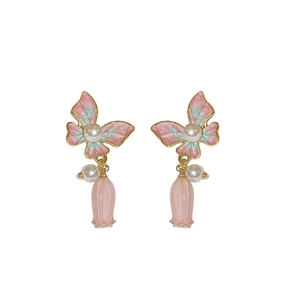 Boucles d'oreilles vintage papillon et fleur avec émail rose et perles