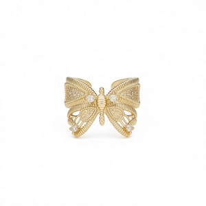 Vintage gold butterfly open ring with zircon stones and hollow woven texture design
