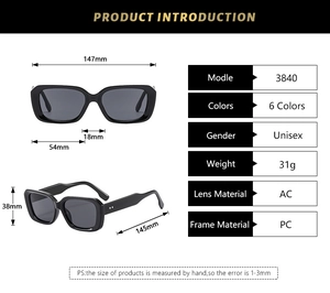 Detailed dimension guide for black square sunglasses showing frame size 147mm and AC PC materials