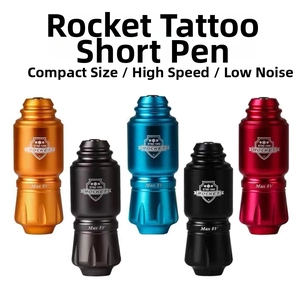 Close-up of five Rocket Tattoo Pens in orange grey blue black and red metal finishes