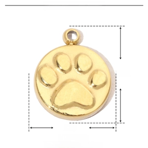 Detailed technical diagram of 10mm golden stainless steel paw print pendant charm