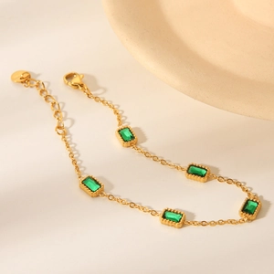 18K gold plated stainless steel bracelet featuring five rectangular green zircons for women