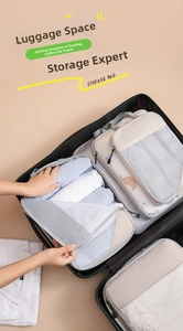 Detail of cream travel organizer bags with breathable mesh in a black suitcase