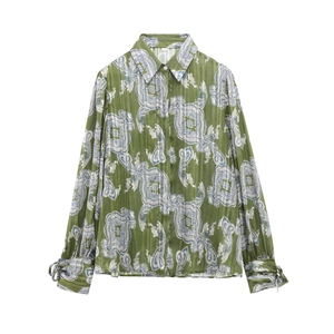 Women Paisley Print Blouse Metallic Lurex Chiffon Long Sleeve Lapel Collar Tie Cuff Button Down Vintage Shirt