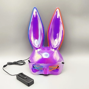 Detail of purple laser bunny mask with battery controller and neon LED glowing wires