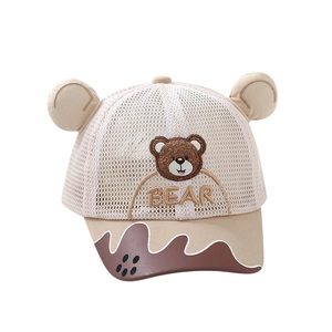 Kids summer mesh baseball cap with cute oil painting bear and 3D ears design