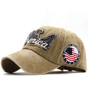 Vintage khaki washed denim baseball cap with USA America embroidery and side patch