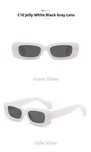 Detail of jelly white square sunglasses with silver hinges and dark grey resin lenses