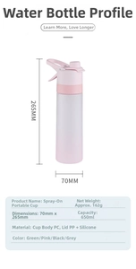 Detail showing 650ml pink sport spray bottle dimensions 70mmx265mm and PC material