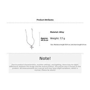 Detailed view of alloy cross necklace with 38.4cm main chain and 6.4cm extension