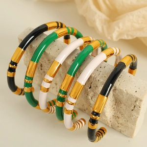 Minimalist enamel stainless steel open cuff bracelet set in black, green, and white gold