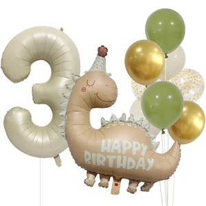 Retro cream white dinosaur balloon set for 3rd birthday party decoration in matte tones