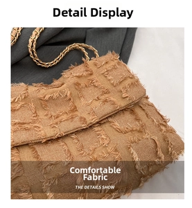 Close-up of the vintage brown flap bag featuring textured tassel fringe lattice fabric