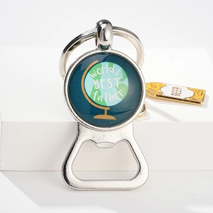 Detail of metal bottle opener keychain with World's Best Father globe design and beer charm