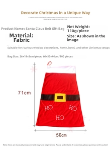 Detail of Santa Claus belt style velvet gift bag showing 71x50cm dimensions and weight