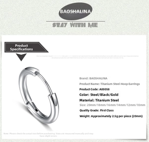 Detailed size chart showing six diameters from 10mm to 20mm for titanium steel hoop earrings