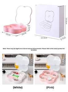 Detail showing clover makeup mirror box dimensions of 15x16x4.3cm with four compartments