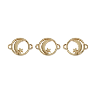 Three gold alloy moon and star pendants for DIY jewelry making displayed on white