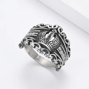 Crown Ring Vintage Gothic Punk Design Stainless Steel With Zircon Inlay For Men Antique Silver Style Accessory