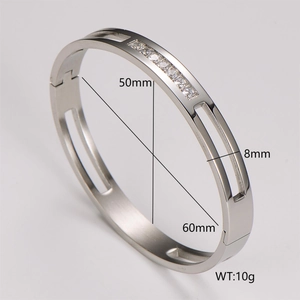 Detailed view of silver stainless steel bangle with inlaid zircons and size parameters