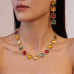 Chic gold-tone necklace and earring set with colorful resin geometric hollow squares