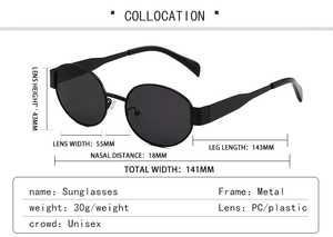 Detailed technical drawing of unisex oval metal sunglasses with precise dimensions