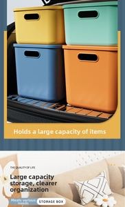 Detailed view of colorful large storage boxes with handles in home and outdoor car trunk scenes