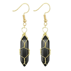 Bohemian wire wrapped black hexagonal crystal drop earrings with golden copper wire
