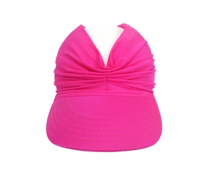 Detail of rose red sun visor hat showing breathable fabric texture and open top design
