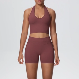 Detail of seamless ribbed halter yoga bra and high waist shorts in terracotta red